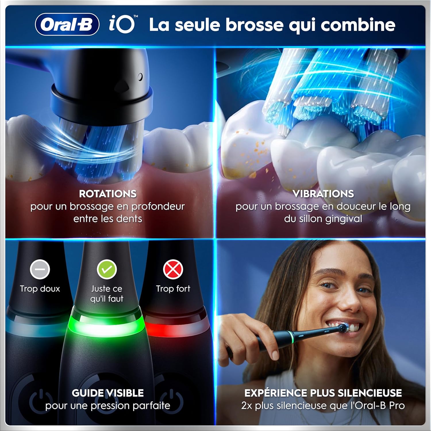 Brosse dents électrique iO 6 noire 5 modes capteur pression écran interactif 2 brossettes étui voyage