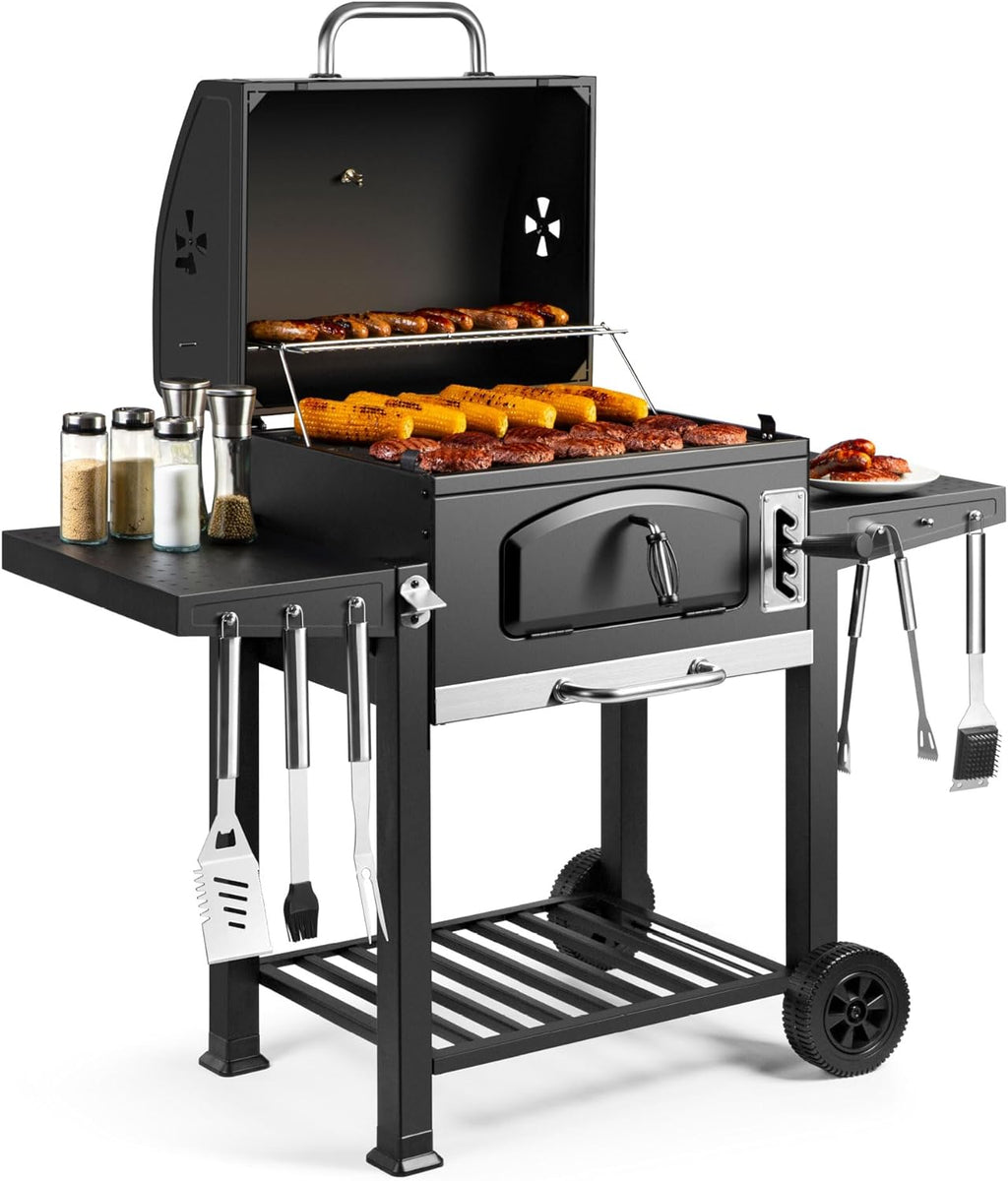 Barbecue au charbon XL American 2 en 1 grill fumoir grille fonte 57 x 41 cm thermomètre tablettes rabattables noir