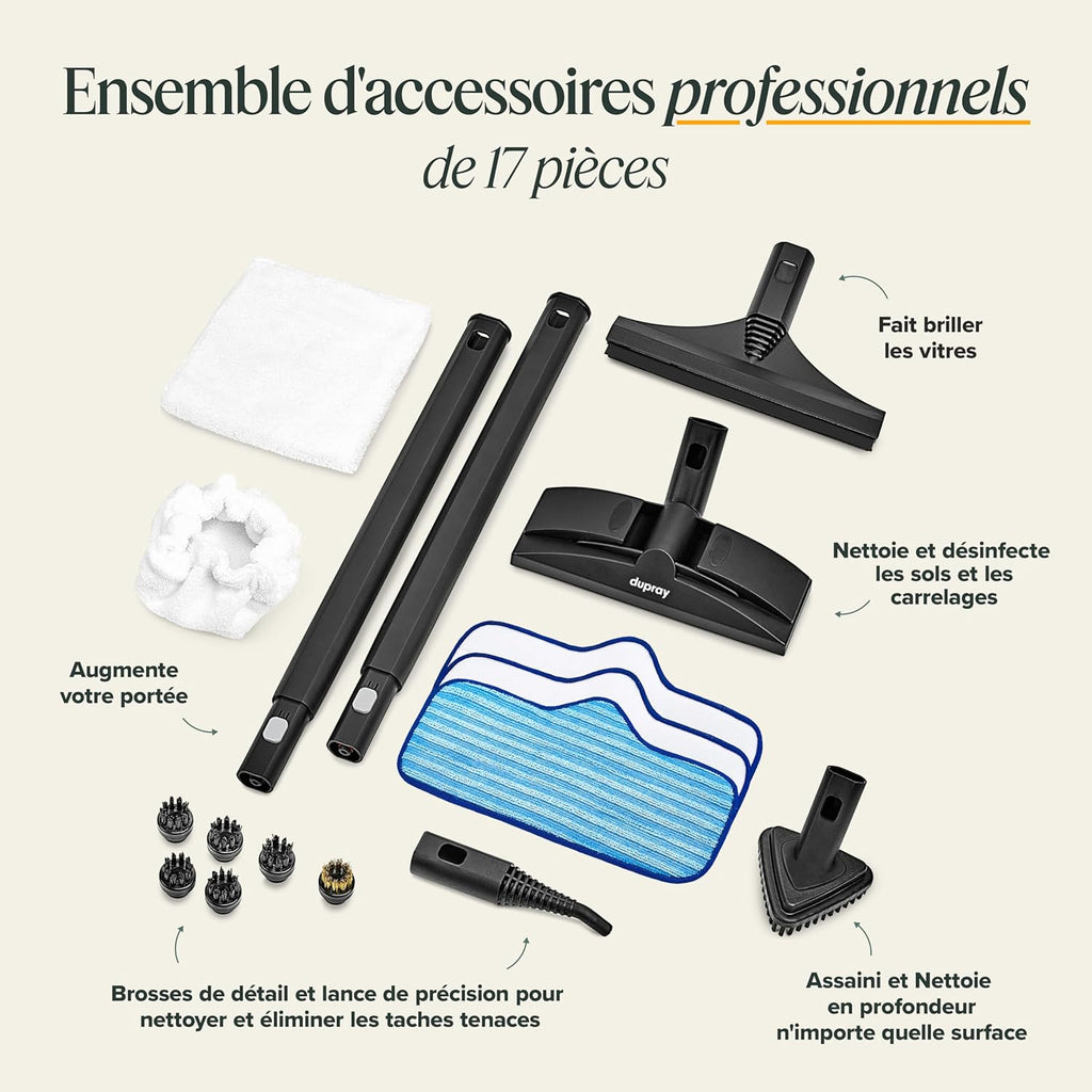 Nettoyeur vapeur Neat 1500 W réservoir 1,6 L vapeur 135 °C autonomie 50 min kit 17 accessoires sols voiture joints