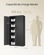 Armoire de rangement en acier OMC015B01 40 x 80 x 180 cm 5 niveaux portes doubles avec serrure noir mat