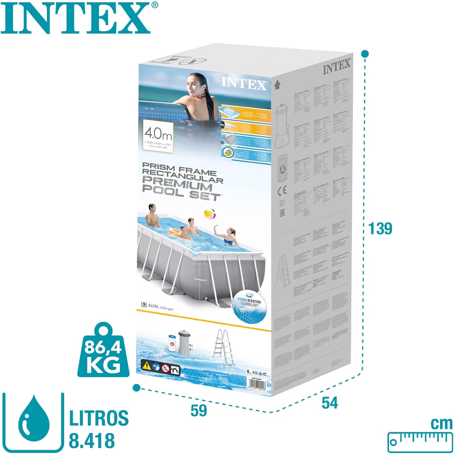 Piscine tubulaire rectangulaire Prism Frame Intex 4 x 2 x 1,22 m 8418 L PVC acier épurateur inclus bleu-gris