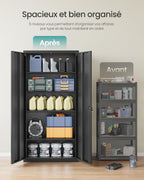 Armoire de rangement en acier OMC015B01 40 x 80 x 180 cm 5 niveaux portes doubles avec serrure noir mat