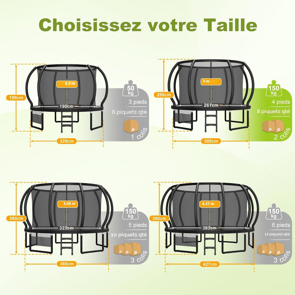 Trampoline extérieur diamètre 228-427cm avec filet sécurité couverture protection capacité charge 150kg enfants
