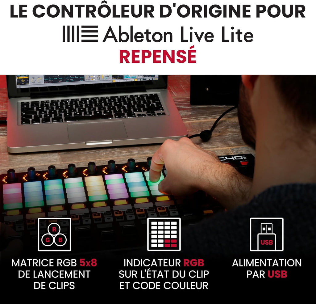 Contrôleur MIDI USB APC40 MKII 40 pads RGB avec 9 faders 8 boutons Ableton Live pour production musicale 1,8 kg