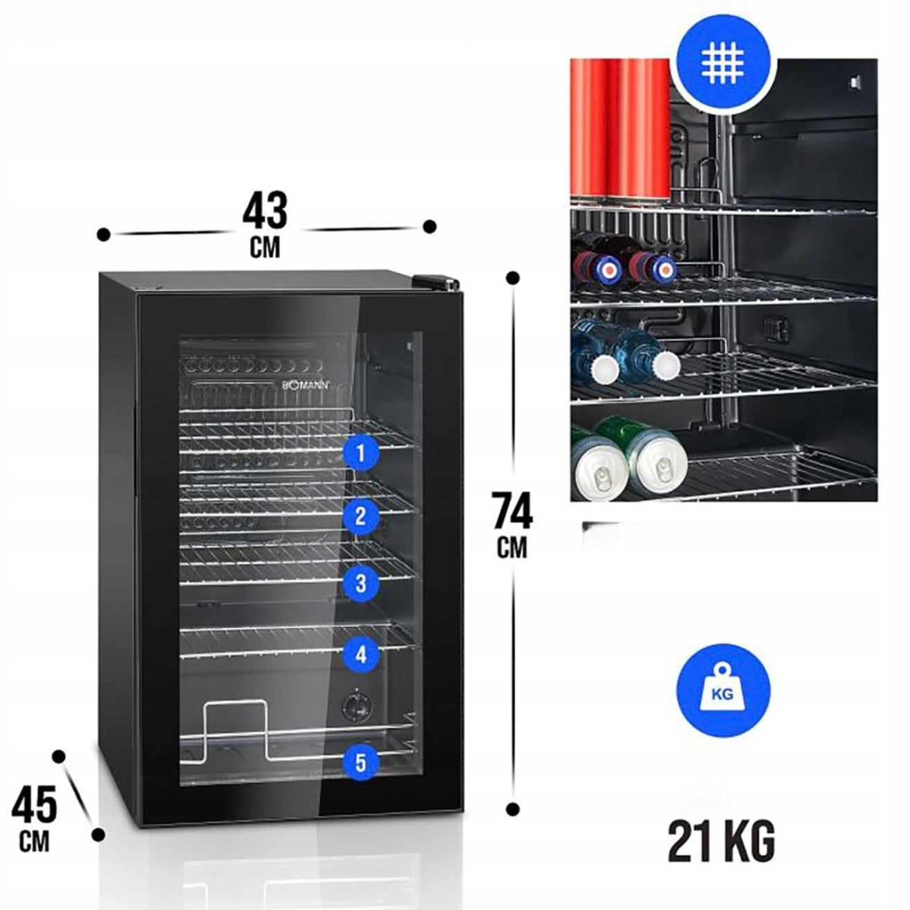Witryna chłodnicza na napoje KSG 7287 63 l LED przeszklone drzwi podwójna szyba 4 półki regulacja temperatury +3°C do +10°C