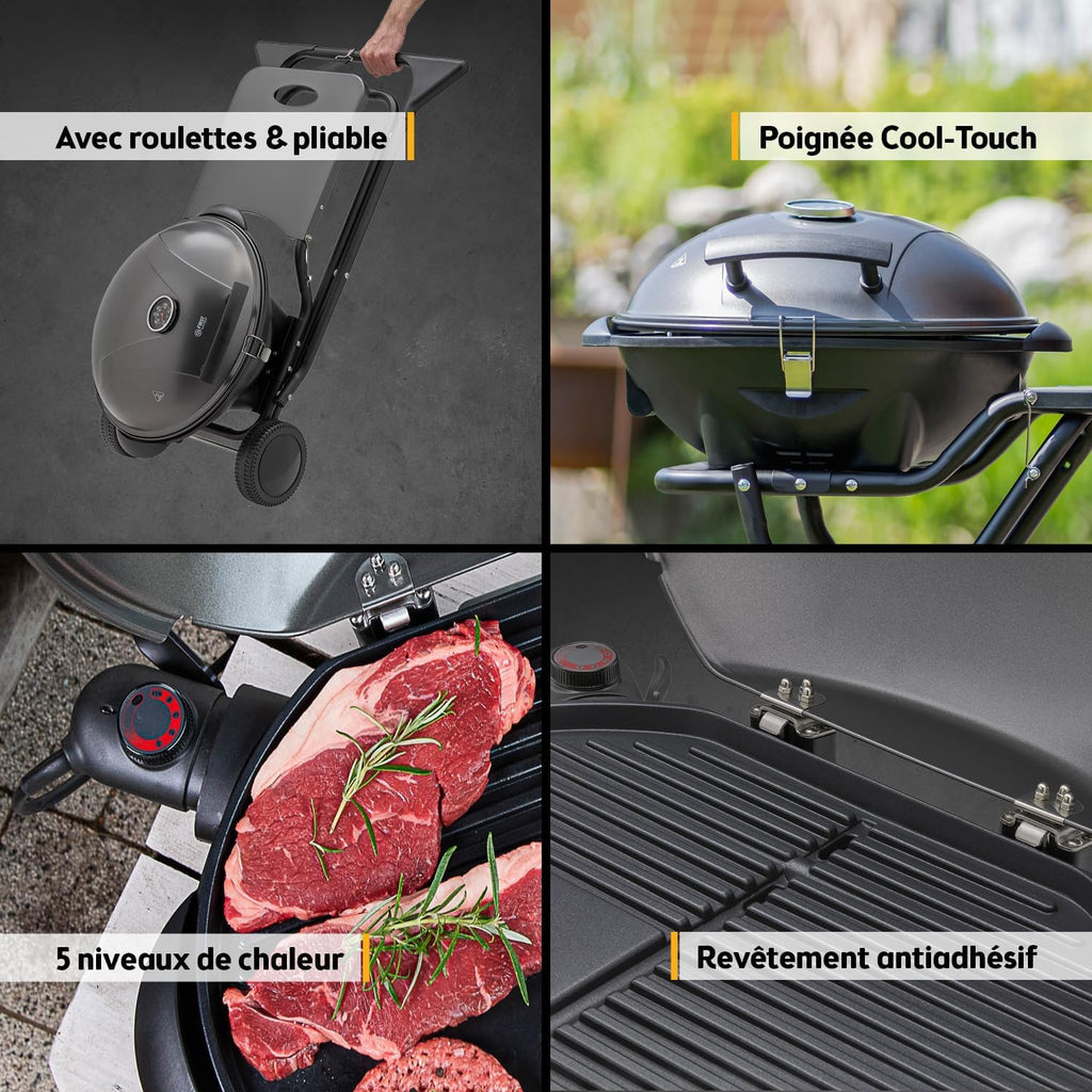 Barbecue électrique 2 en 1 2400 W surface 44 x 33,5 cm couvercle chariot thermomètre bac ramasse-graisse gris noir