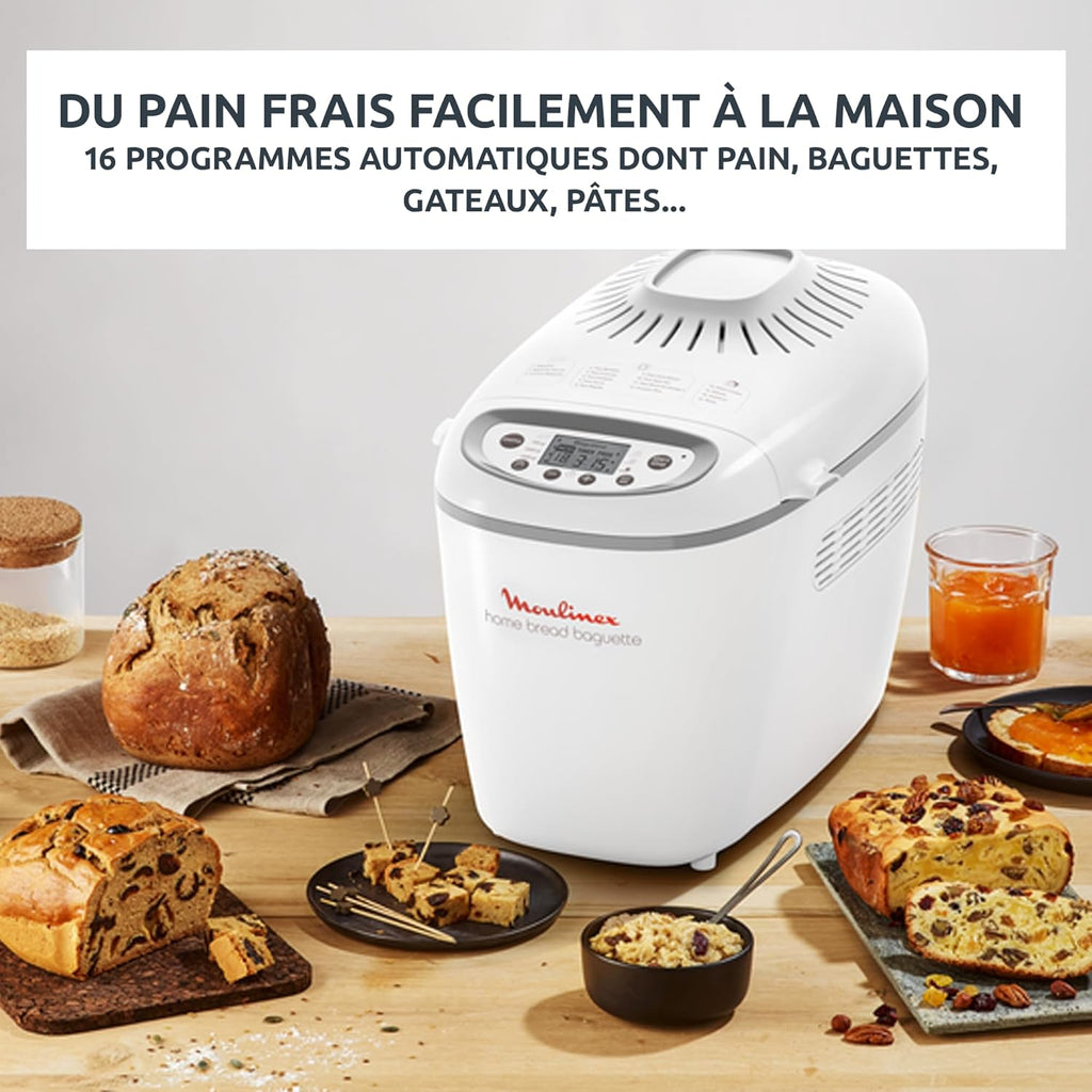 Machine à pain Home Bread Baguette OW610110 1650 W 16 programmes capacité 1,5 kg 3 dorages plaques baguettes blanc