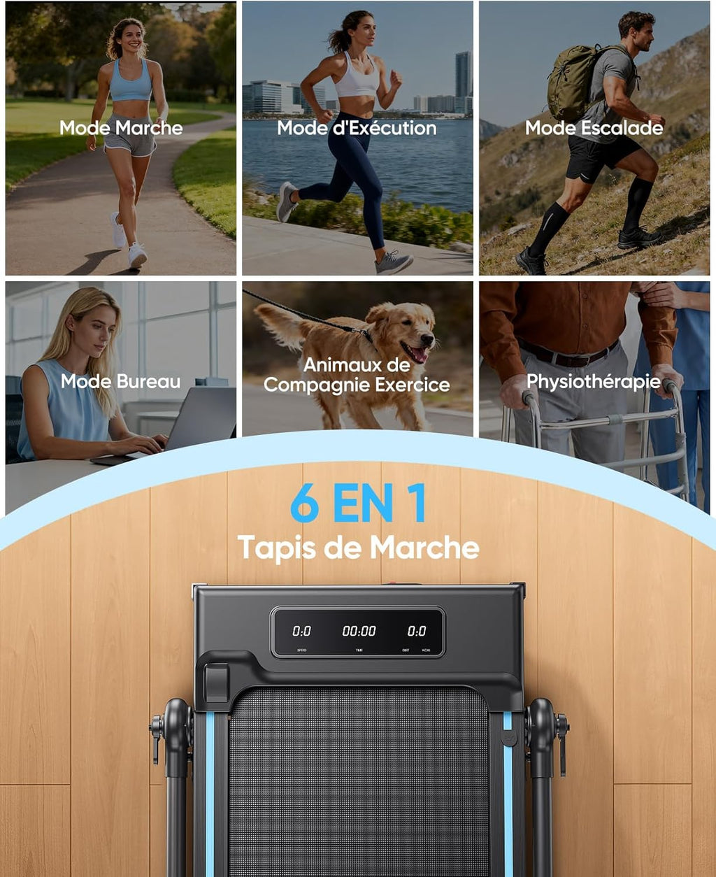 Tapis de course pliable inclinable 12% 6 en 1 table amovible 12 km/h 30 HP poignée télescopique RGB 150 kg
