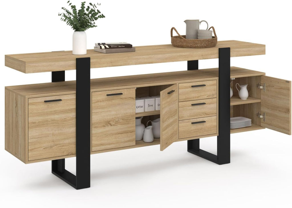 Buffet 180 cm Phoenix XXL en bois noir avec 4 portes 3 tiroirs et étagères de rangement