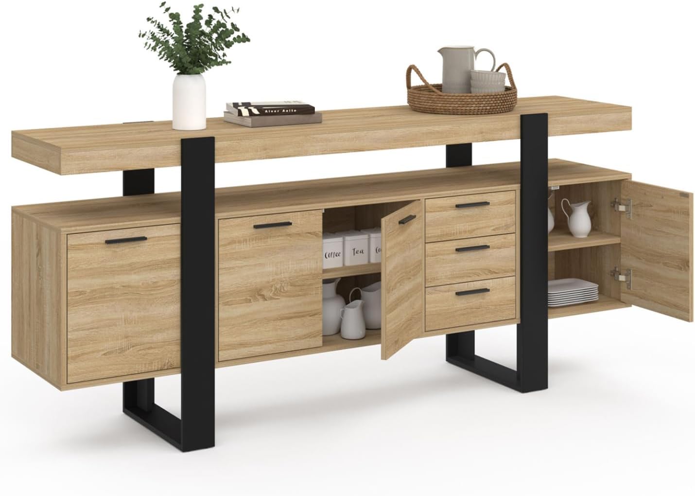 Buffet 180 cm Phoenix XXL en bois noir avec 4 portes 3 tiroirs et étagères de rangement