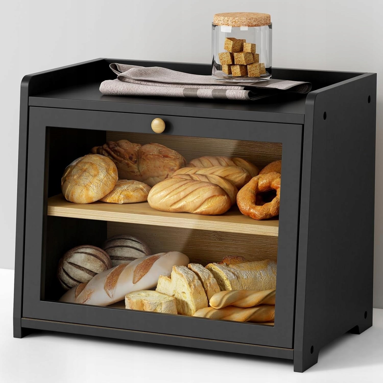 2 x Chlebak Bambusowy Prostokątny Jednoczęściowy 40 x 25 x 35 cm Czarny z Przezroczystymi Drzwiczkami Magnetycznym Zamknięciem i Półką