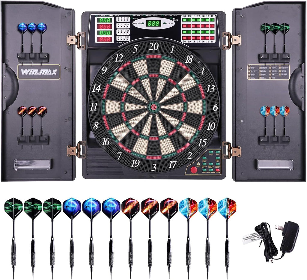 Cible de fléchettes électronique LED avec armoire 38 jeux 211 options 12 fléchettes pointe souple adultes