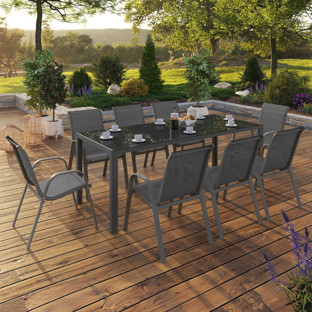Salon de jardin Madrid 8 places table 190 x 80 cm 8 chaises empilables plateau verre trempé acier gris anthracite