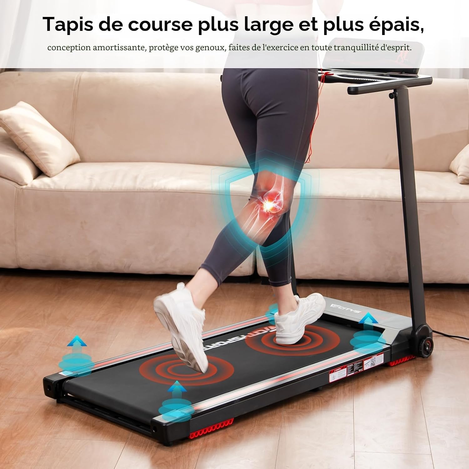 Tapis de course pliable CS-WP9 12 km/h 1400 W charge 120 kg écran LED application Bluetooth support tablette rouge