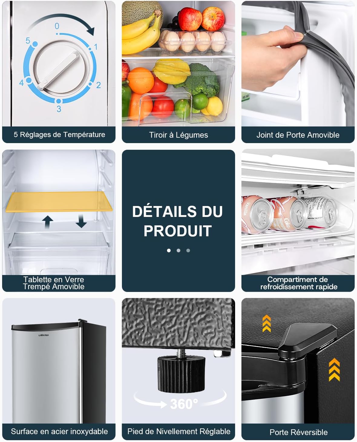 Petit réfrigérateur BR321 91 L avec congélateur 8,5 L thermostat réglable porte réversible acier inoxydable
