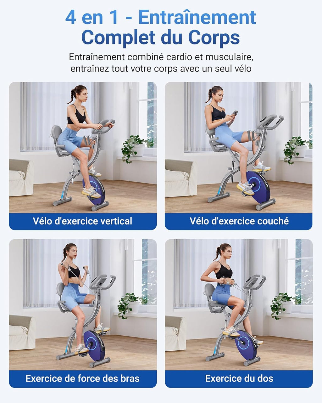 Vélo d’appartement pliable 4 en 1 MERACH résistance magnétique 16 niveaux écran LCD pouls app selle confortable bleu