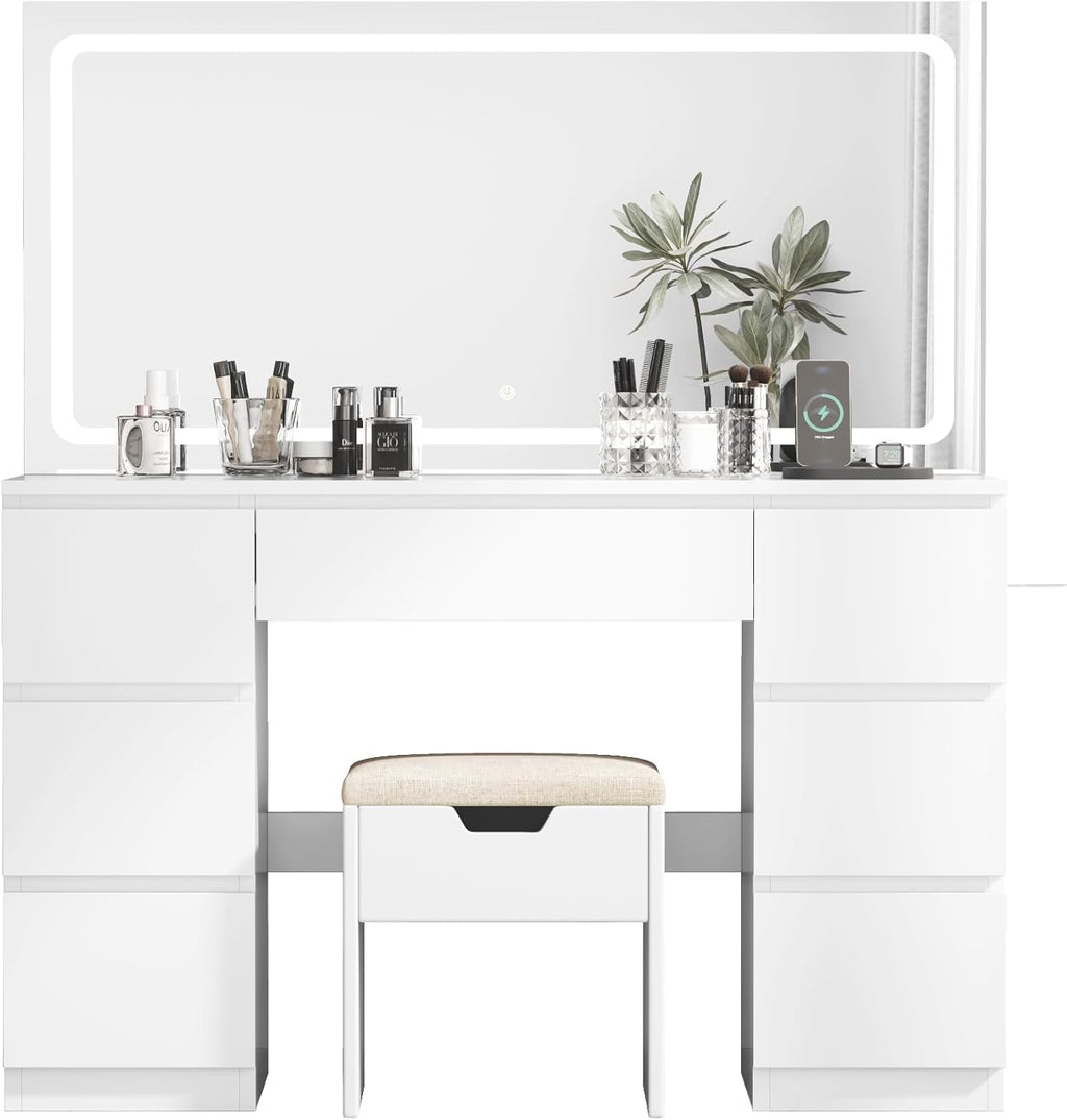 Coiffeuse miroir LED 115 x 60 cm tabouret inclus 7 tiroirs station recharge éclairage réglable blanc