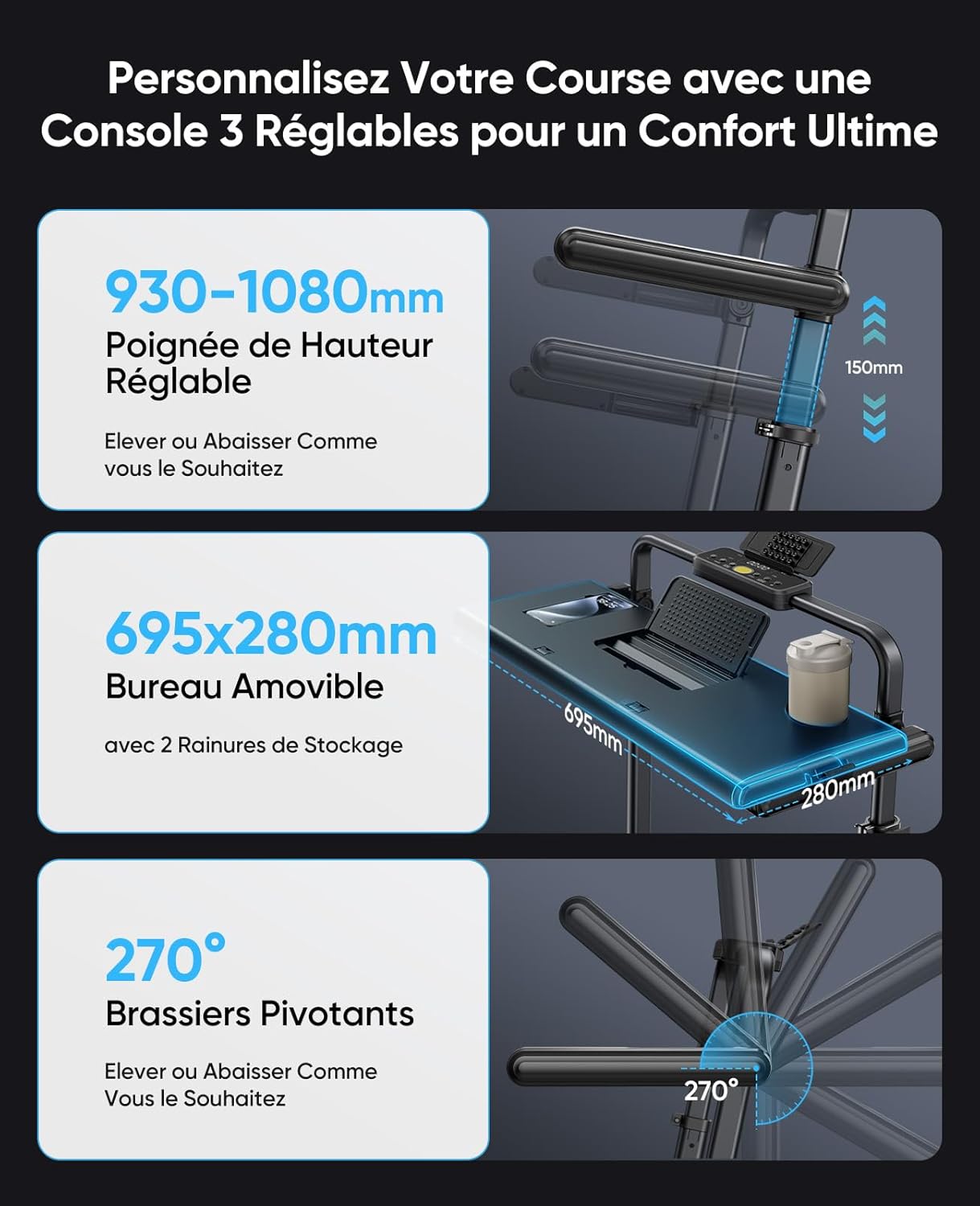 Tapis de course pliable inclinable 12% 6 en 1 table amovible 12 km/h 30 HP poignée télescopique RGB 150 kg