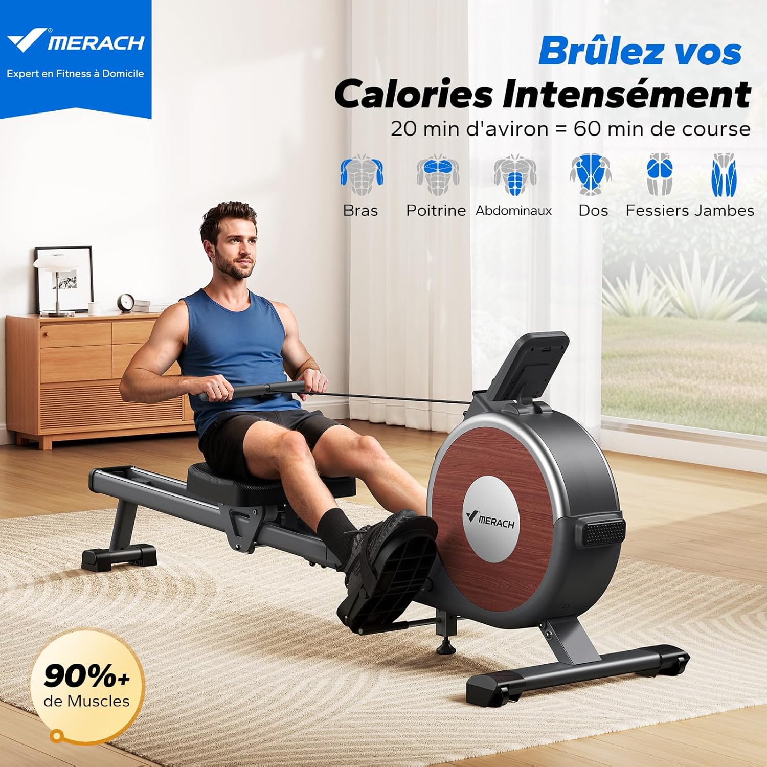 Rameur magnétique d’appartement Q1s 16 niveaux résistance silencieuse application MERACH rails doubles charge 160 kg noir