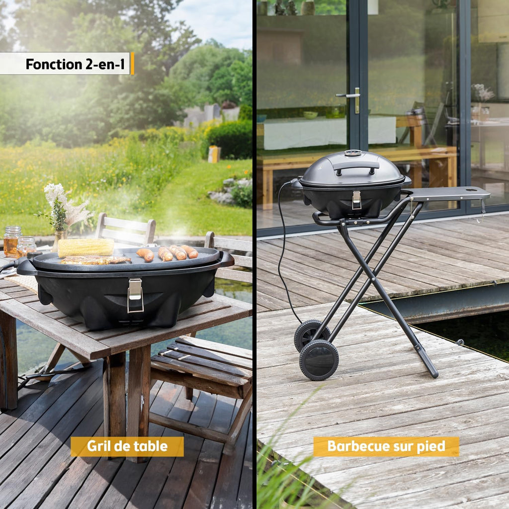 Barbecue électrique 2 en 1 2400 W surface 44 x 33,5 cm couvercle chariot thermomètre bac ramasse-graisse gris noir