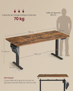Bureau électrique assis debout LSD138K01 180 x 80 cm hauteur 72 à 120 cm mémoire 4 positions charge 70 kg marron rustique