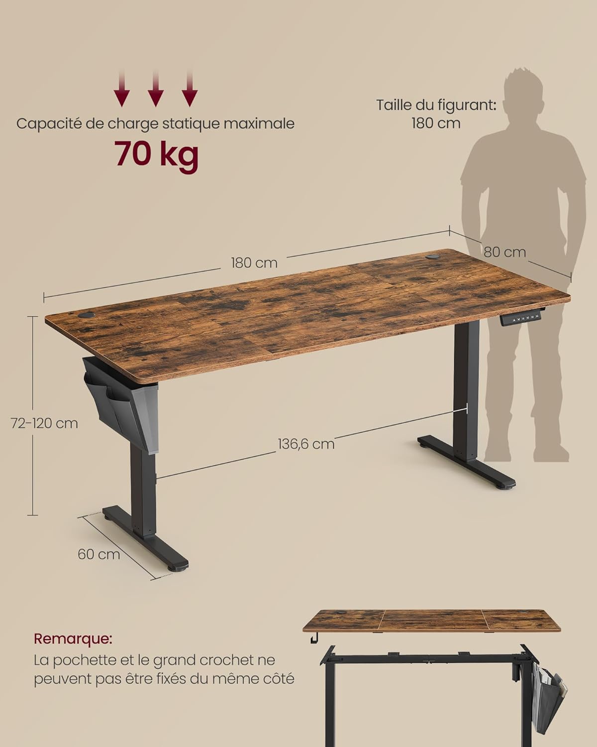 Bureau électrique assis debout LSD138K01 180 x 80 cm hauteur 72 à 120 cm mémoire 4 positions charge 70 kg marron rustique
