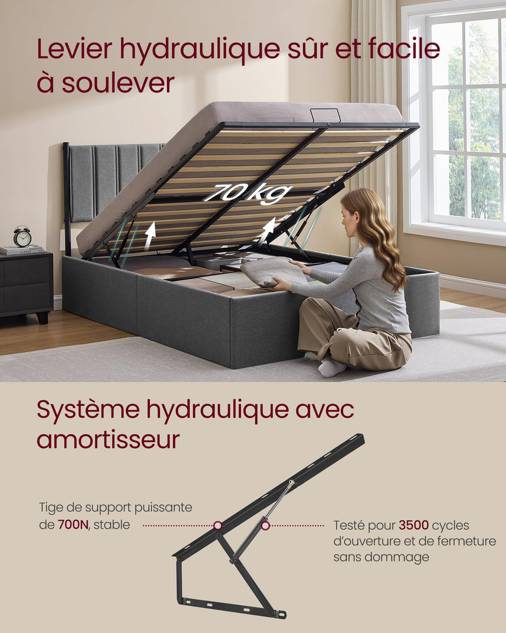Lit coffre 140x190 cm sommier relevable hydraulique avec rangement tête de lit tissu gris cadre métal bois charge 454 kg