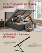 Lit coffre 140x190 cm sommier relevable hydraulique avec rangement tête de lit tissu gris cadre métal bois charge 454 kg