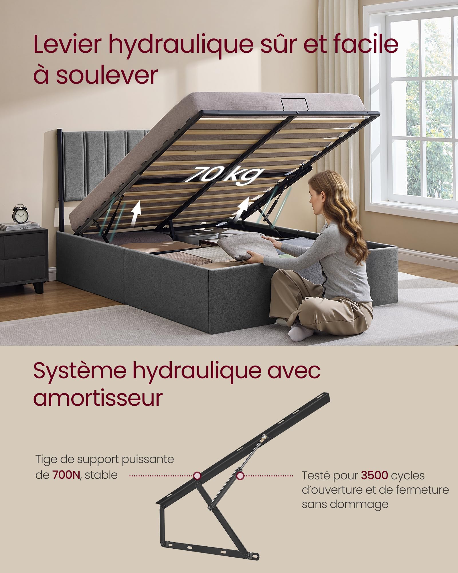 Lit coffre 140x190 cm sommier relevable hydraulique avec rangement tête de lit tissu gris cadre métal bois charge 454 kg