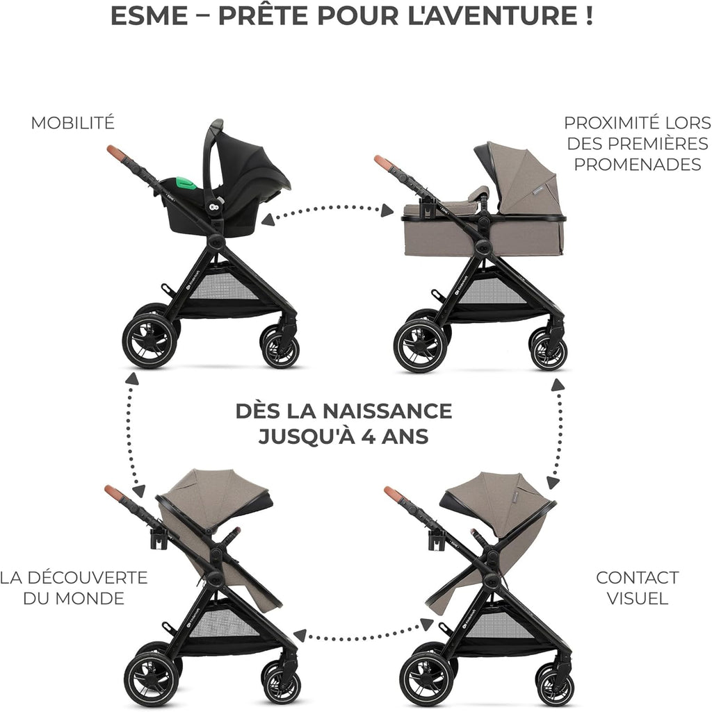 Poussette 3 en 1 ESME travel system siège auto MINK PRO i-Size 40 à 75 cm pliable tout-terrain harnais 5 points beige