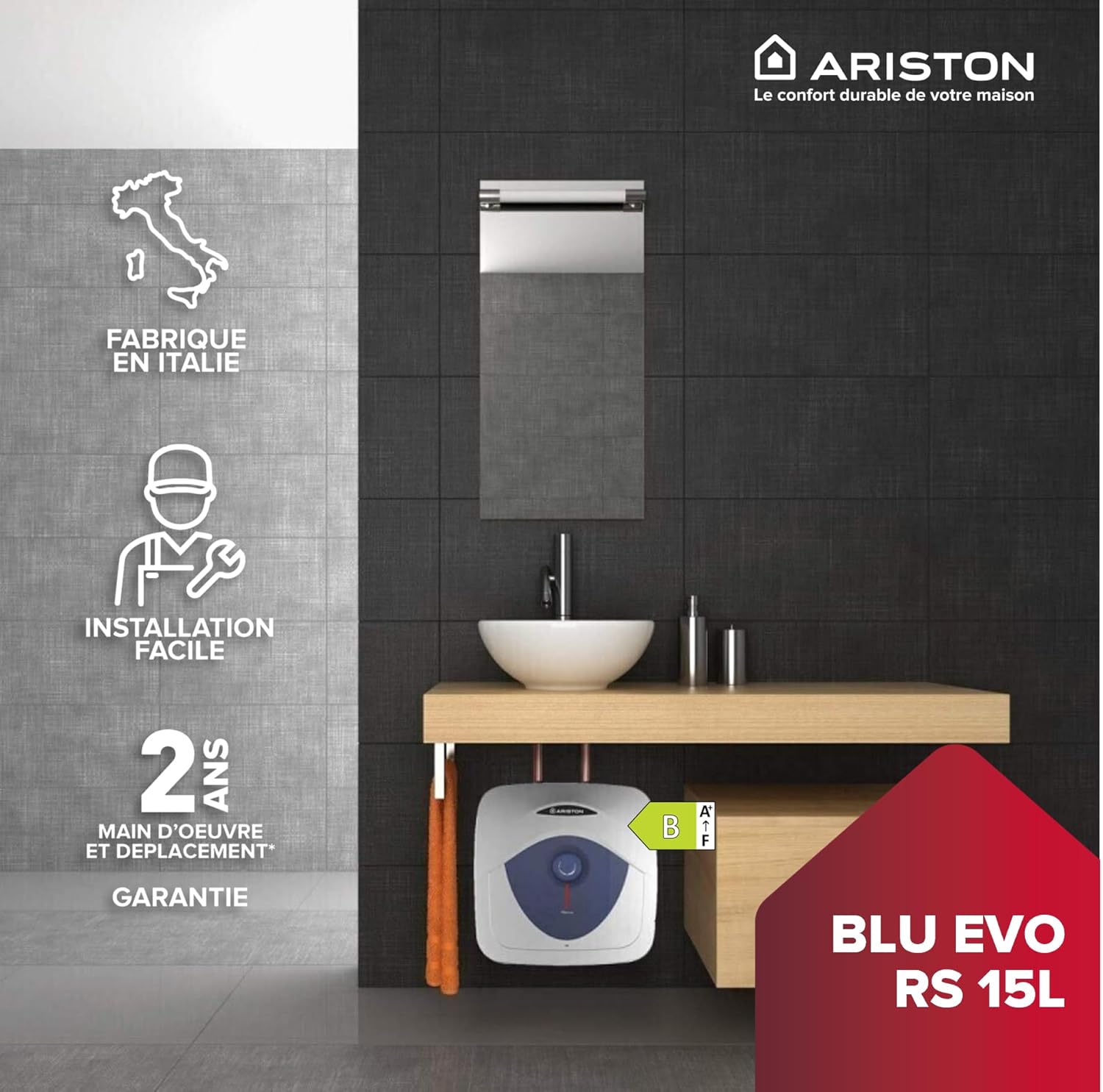 Chauffe-eau électrique Blu Evo RS 15 L 2000 W compact sous évier 240 V installation murale acier émaillé bleu
