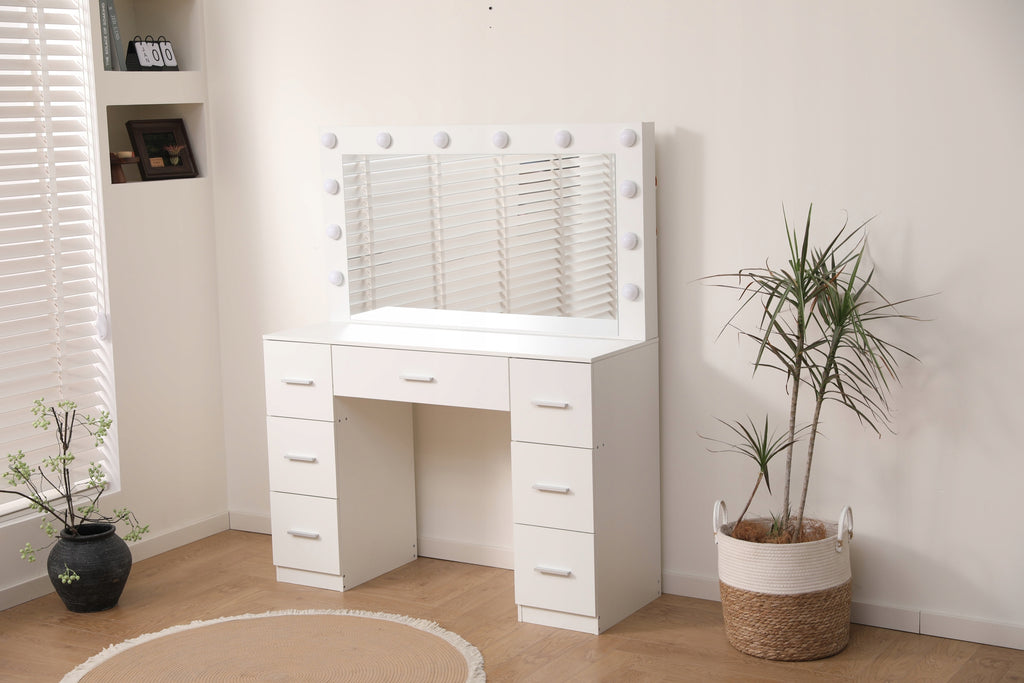 LED Makeup Vanity Table DT10 with Large Mirror 7 Drawers 3 Color Light Modes White Dressing Table 110cm