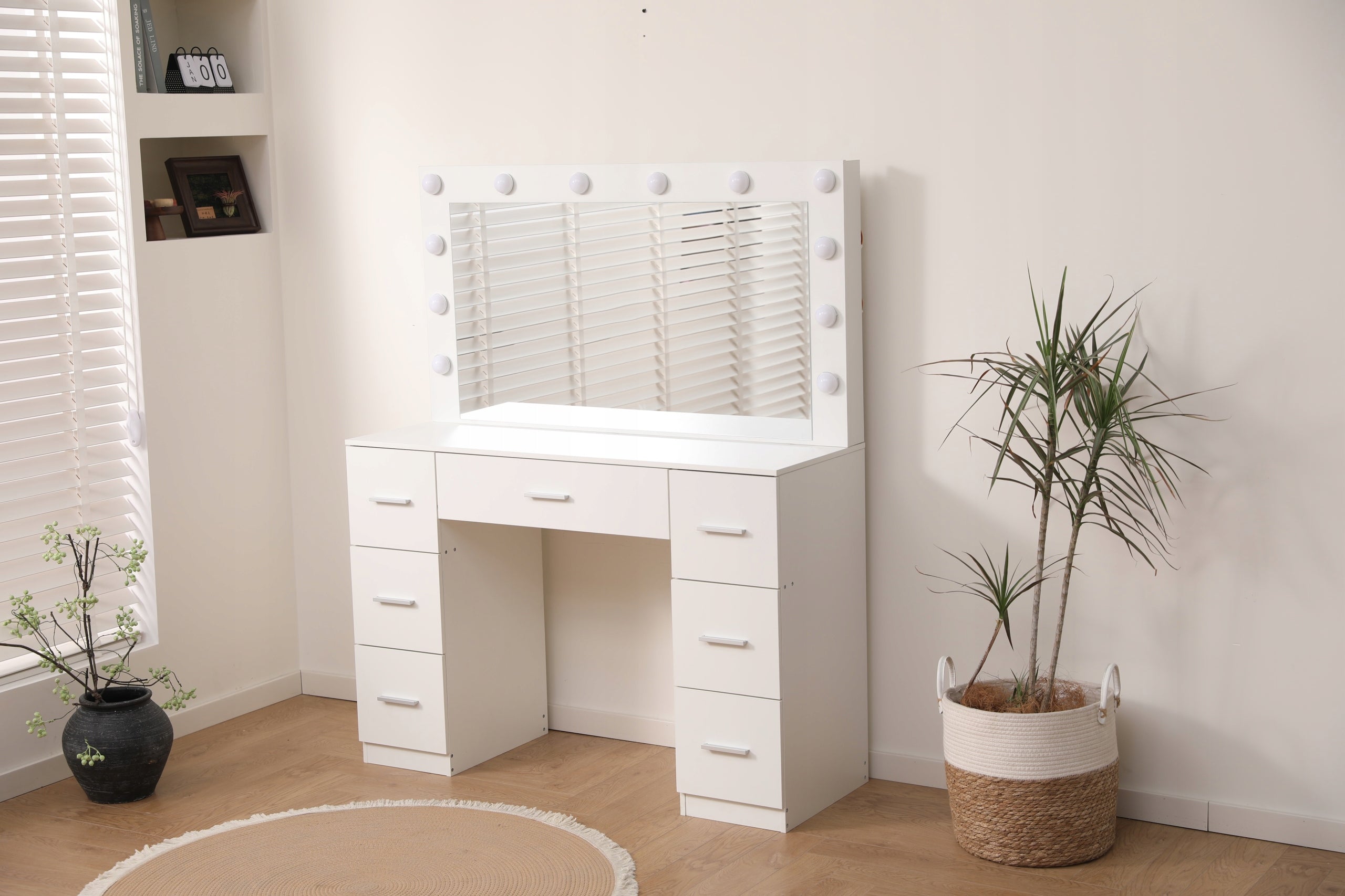 LED Makeup Vanity Table DT10 with Large Mirror 7 Drawers 3 Color Light Modes White Dressing Table 110cm