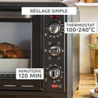 Four électrique Optimo 60 L chaleur tournante 2200 W 7 modes thermostat 240 °C timer 120 min tournebroche noir