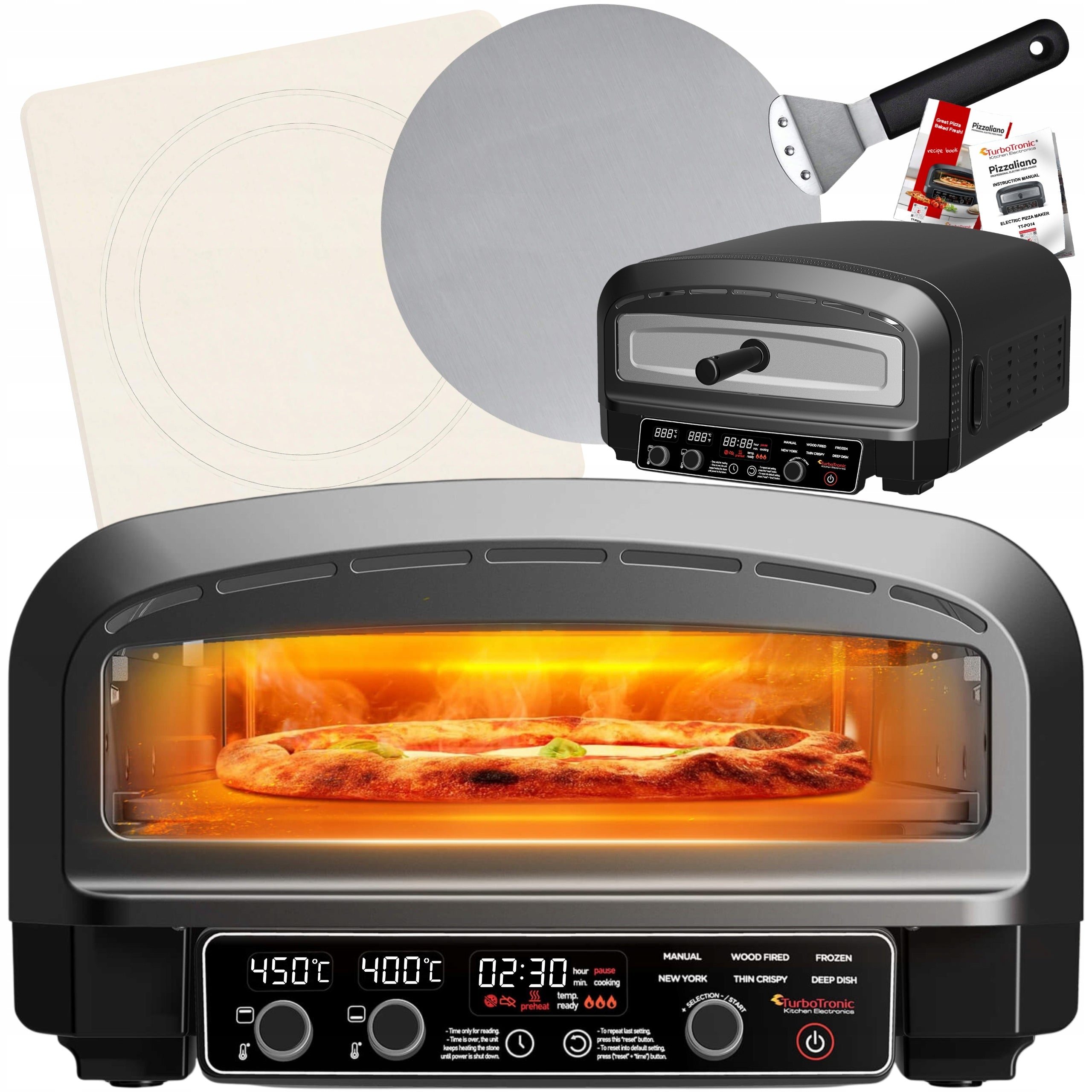 Piec do pizzy elektryczny 2200 W 450°C z kamieniem szamotowym średnicy 37 cm w zestawie łopata