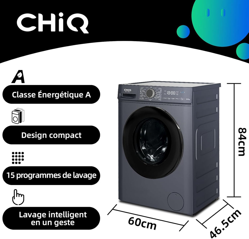 Lave linge hublot 7 kg classe A moteur 1200 rpm lavage vapeur rapide 15 programmes gris