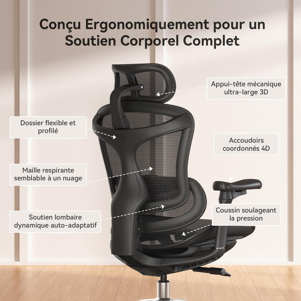 Chaise de bureau ergonomique Doro C300 V2 soutien lombaire dynamique accoudoirs 3D dossier réglable charge 150 kg noir