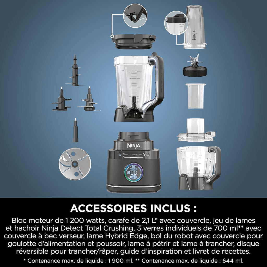 Blender processor 3 en 1 Detect Power 1200W bol mélange lame malaxeur gobelet individuel pétrir mixer hacher TB401EU