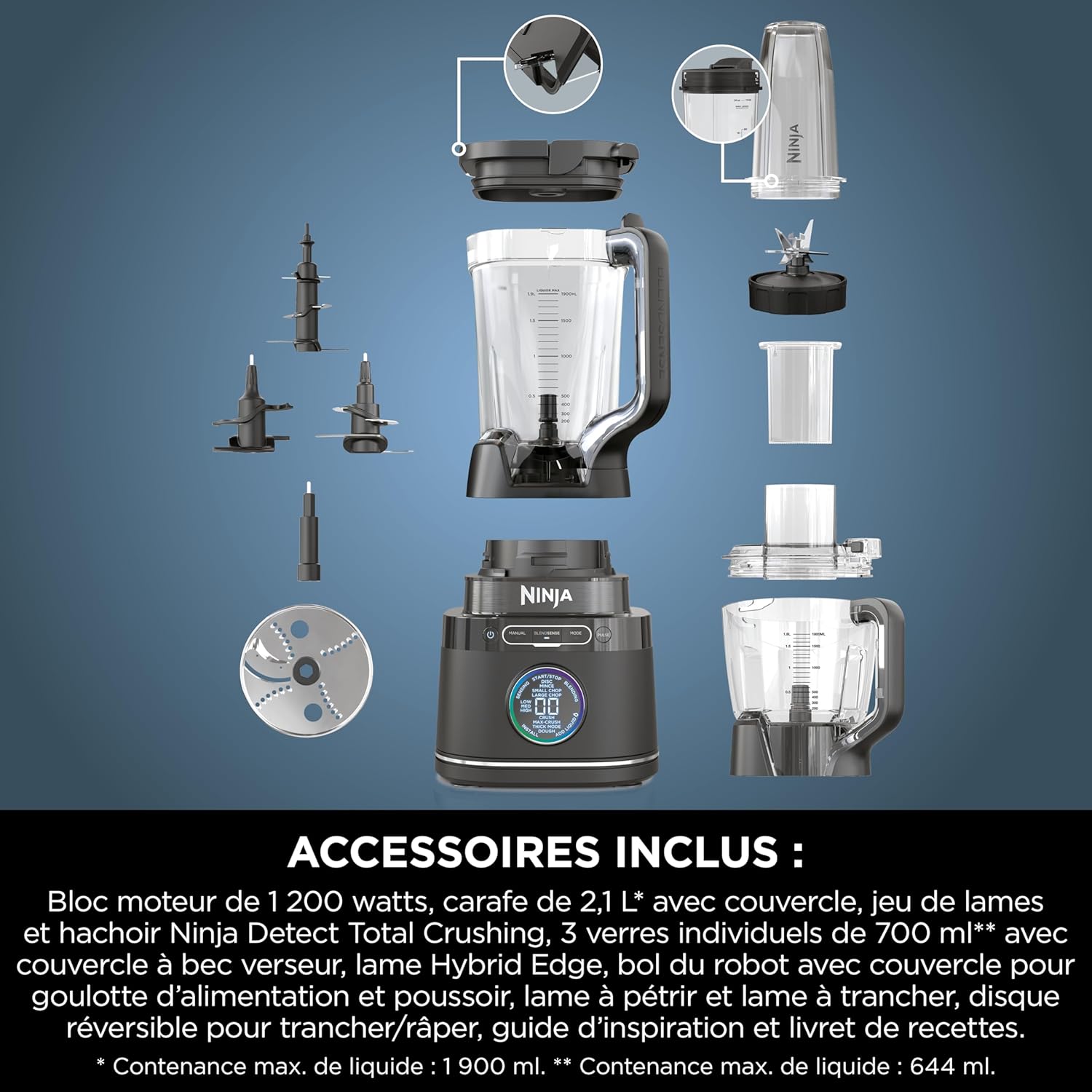 Blender processor 3 en 1 Detect Power 1200W bol mélange lame malaxeur gobelet individuel pétrir mixer hacher TB401EU
