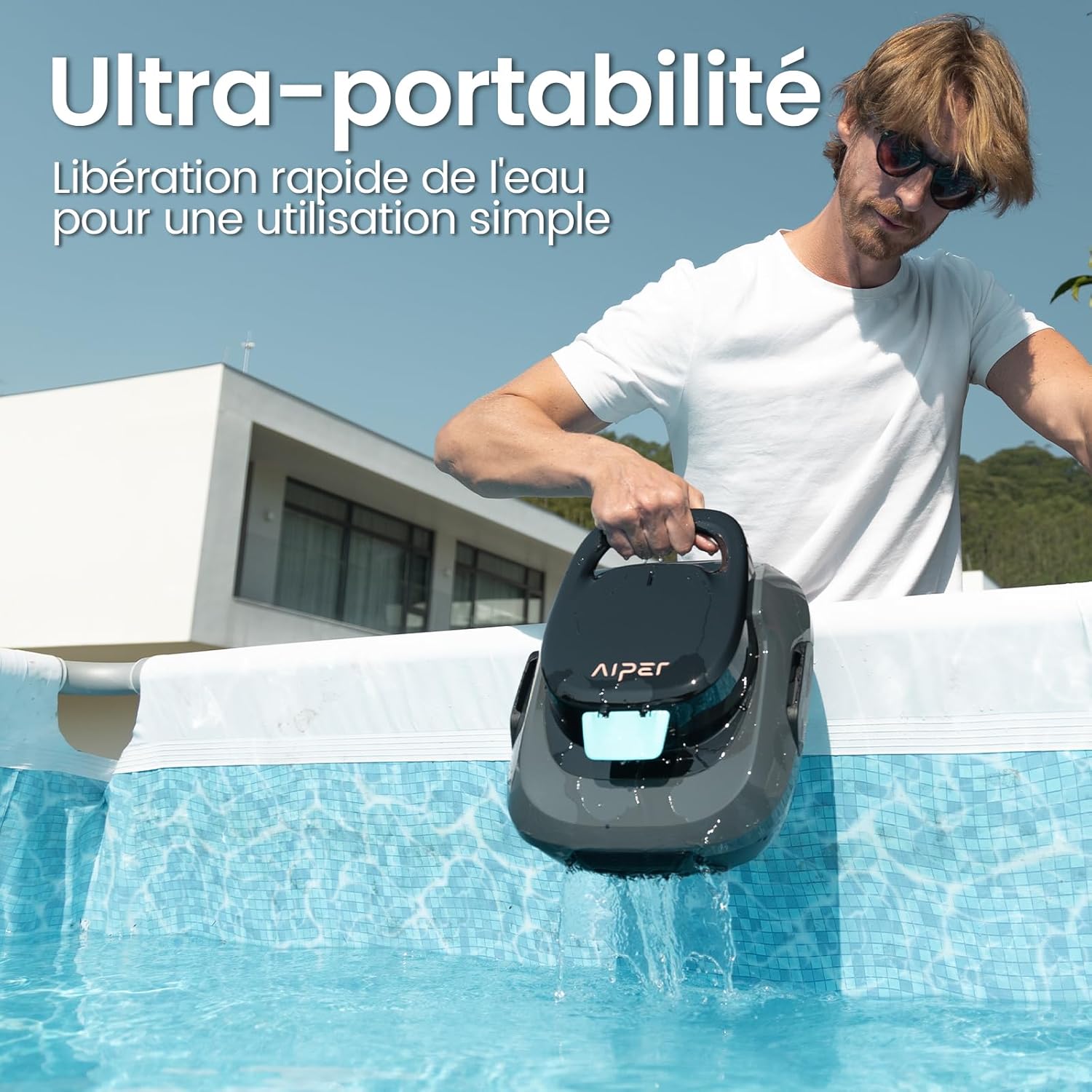 Robot piscine sans fil Scuba SE autonomie 90 min double moteur auto-parking drainage rapide pour piscines 80 m² gris