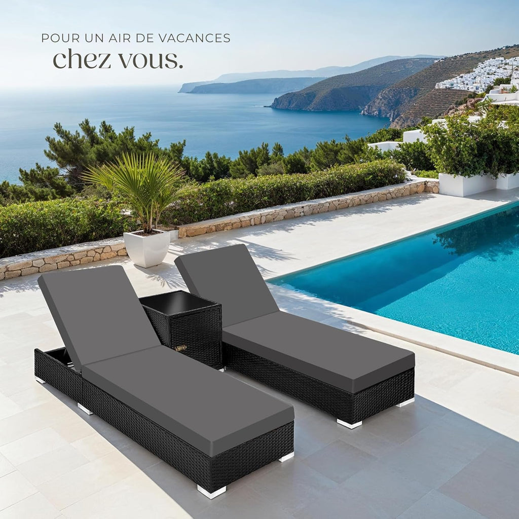 Lot de 2 chaises longues réglables en résine tressée avec table housses et protection noir marron