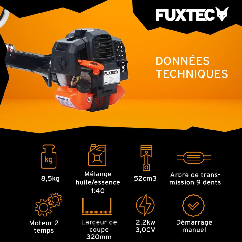 Débroussailleuse thermique professionnelle FX-PS152 52 cm³ 3 CV 2 en 1 coupe 30 cm tête double fil lame 3 dents noir