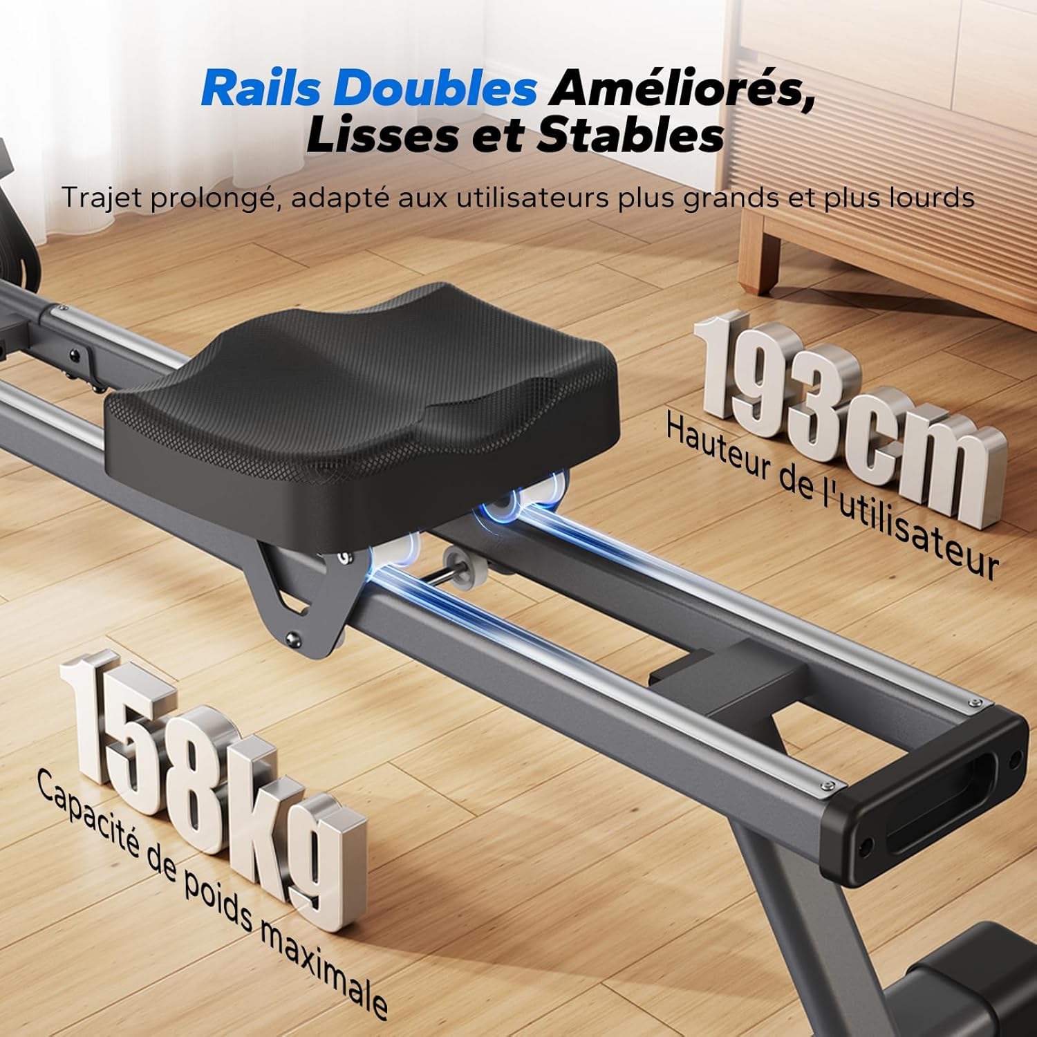 Rameur magnétique d’appartement Q1s 16 niveaux résistance silencieuse application MERACH rails doubles charge 160 kg noir
