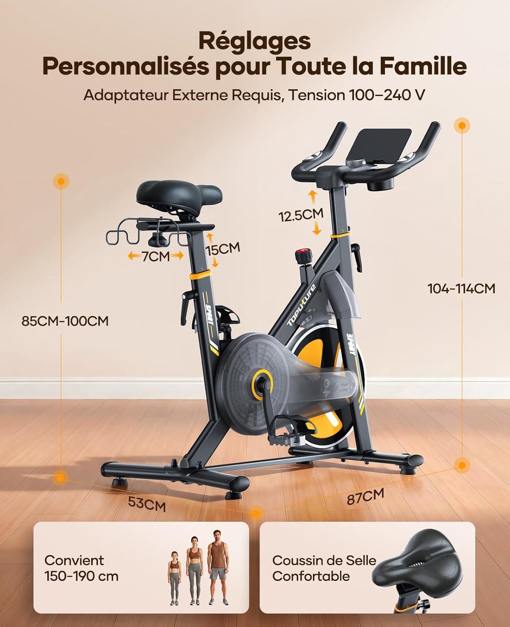 Vélo d’appartement TEB5 résistance magnétique électrique 32 niveaux écran tactile capteur cardiaque Bluetooth charge 150 kg
