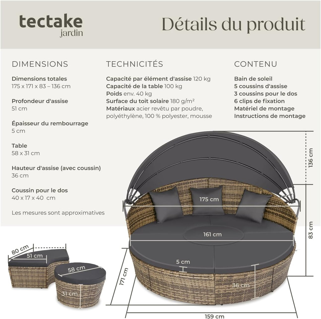Salon de jardin modulable Santorin II en résine tressée avec bain de soleil pare-soleil pliable coussins inclus 175 x 171 x 136 cm 40 kg