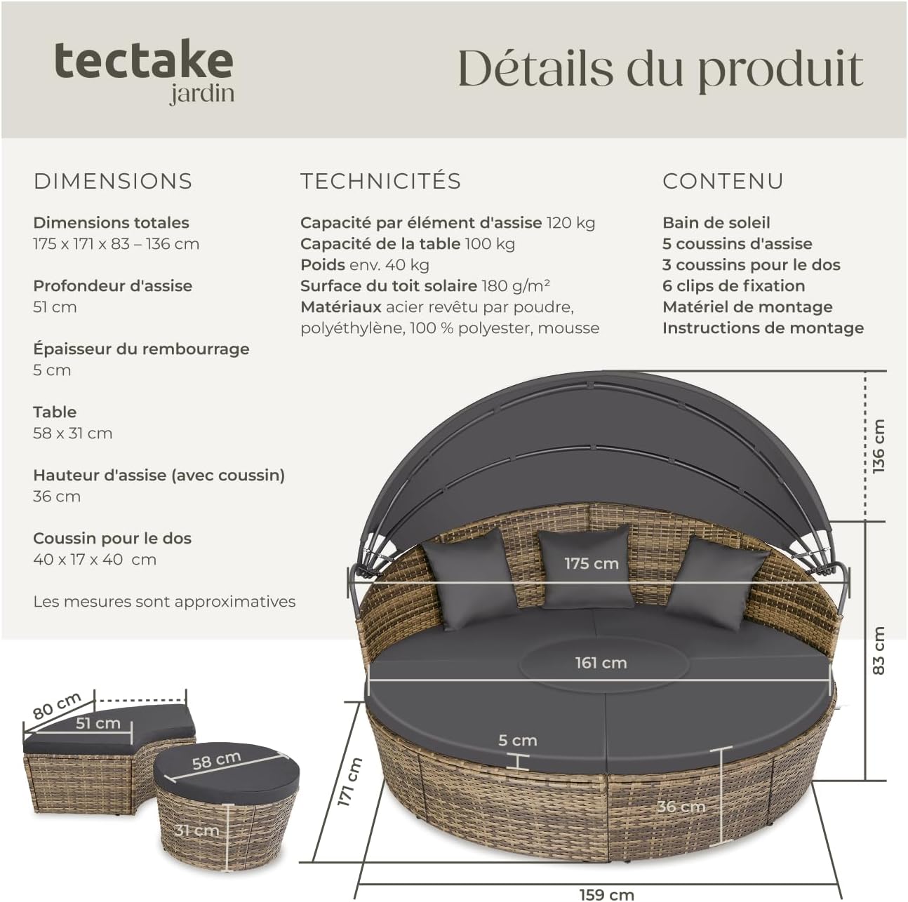 Salon de jardin modulable Santorin II en résine tressée avec bain de soleil pare-soleil pliable coussins inclus 175 x 171 x 136 cm 40 kg