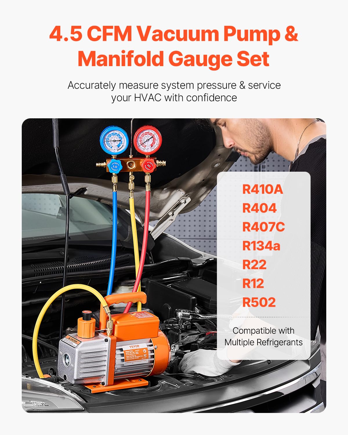 Pompe à vide climatisation CVC VP145 127 L/min 1 étage pour réfrigérant R134a R410A R404A avec kit manomètre et détecteur de fuite