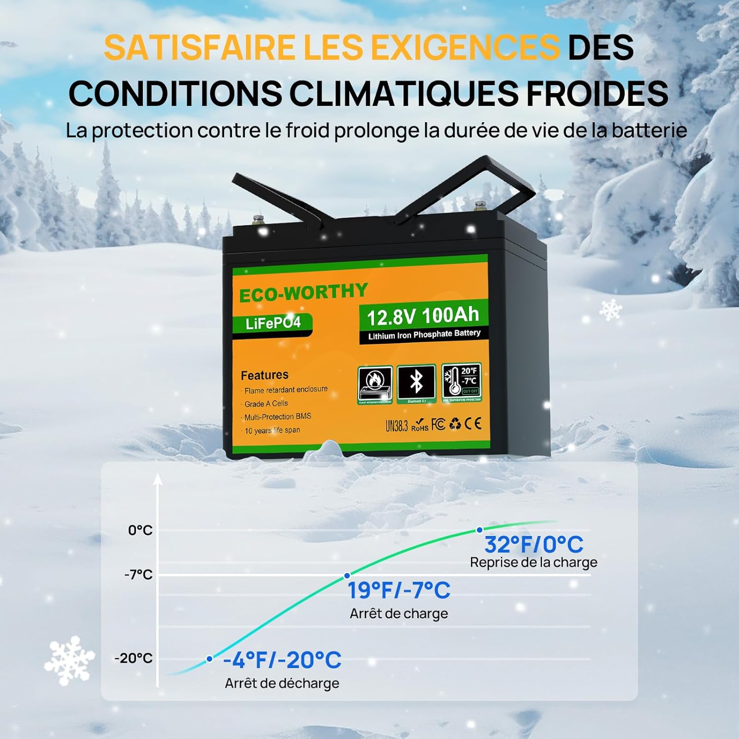 Batterie lithium 12V 100Ah LiFePO4 BMS basse température 4000 à 15000 cycles camping car bateau solaire