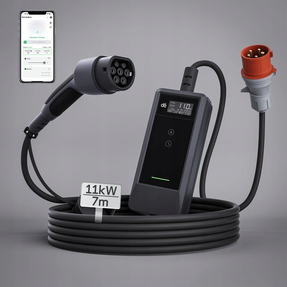 Przenośna ładowarka do samochodów elektrycznych EV Typ 2 11 kW 400 V przewód 7 m sterowanie Wi-Fi
