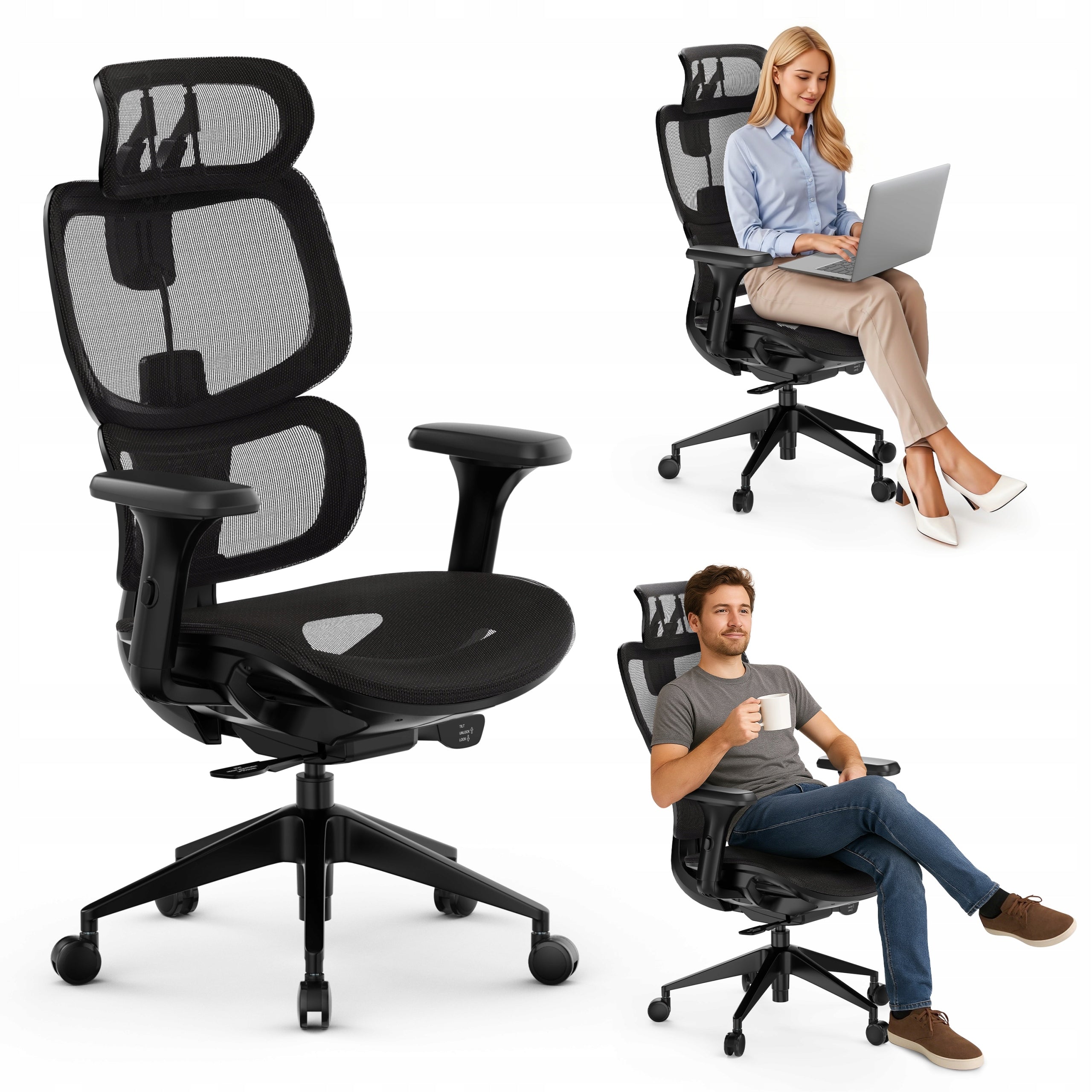 Fotel biurowy ergonomiczny obrotowy Nobu 13154102 czarny z regulowanymi podłokietnikami 3D i zagłówkiem